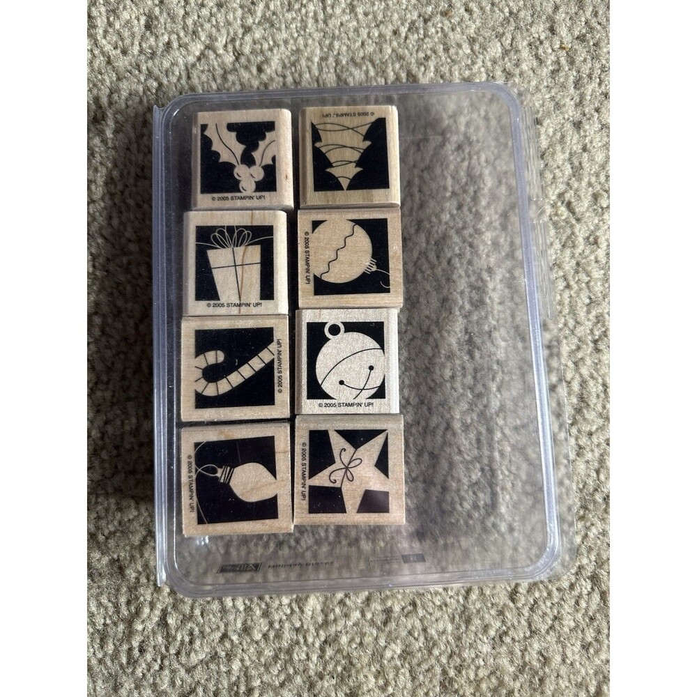 Mounted Stampin UP! "HOLIDAY BLOCKS" set of 8 Wood Rubber Stamps RETIRED